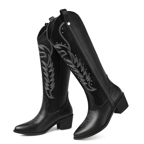 TEMOFON Western Cowboy Boots for Women: Knee High Mid Calf Cowgirl Boots Pointed Toe Boot Chunky Heel Stitching Pull-On with Rhinestone Sparkly Embroidery Black 8.5 | Amazon (US)