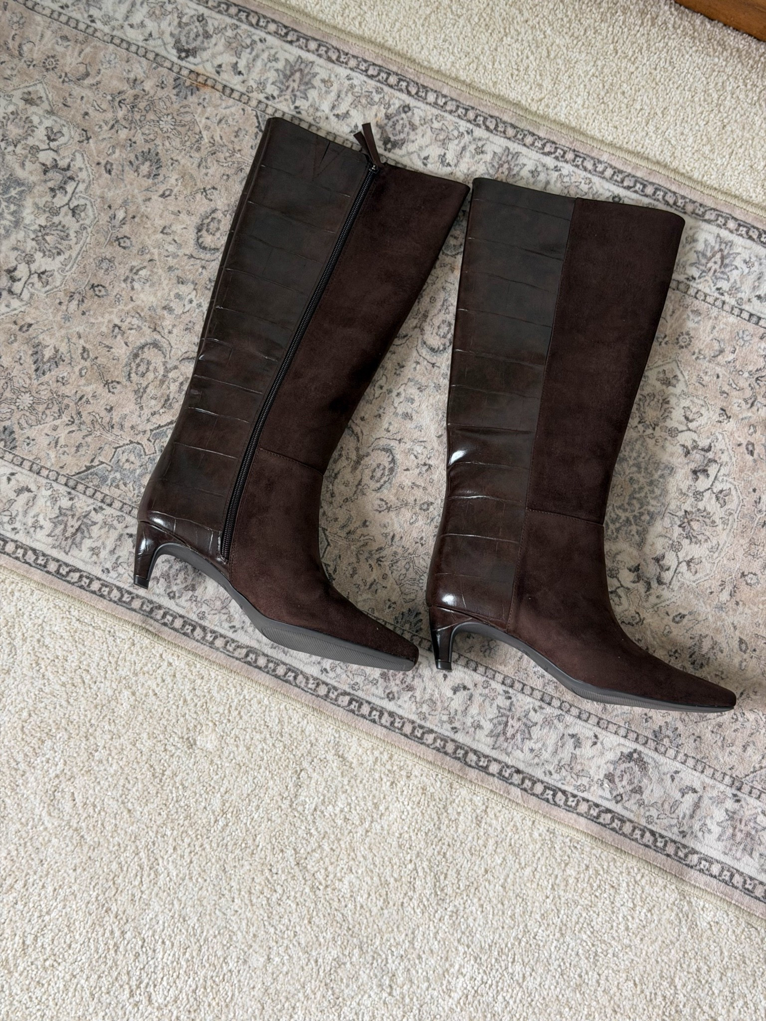 Most stunning ball boots - half suede half print. Foot looser on the calves. Small heel (perfect for moms and work because it’s comfortable but you look more elevated)