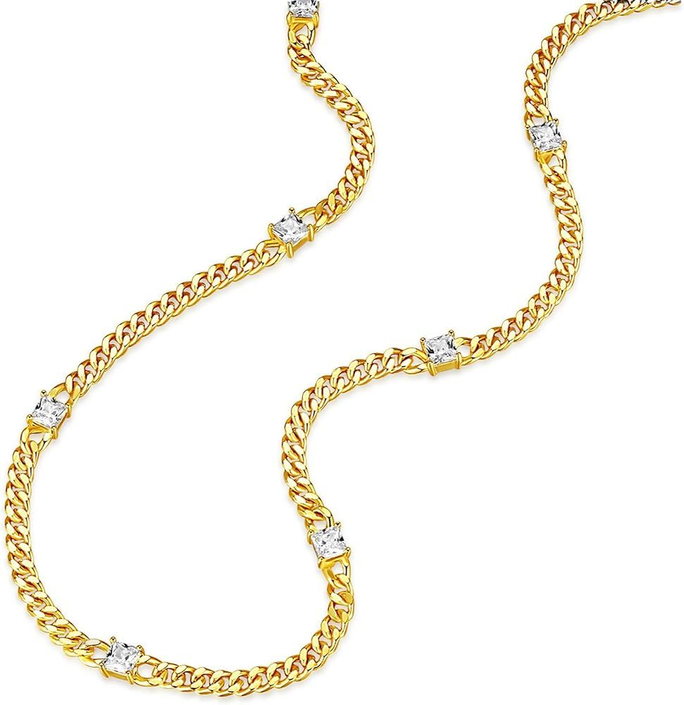 14K Gold Plated Cuban Link Chain Necklace with Baguette Cut Solitaire CZ | 3MM Gold Curb Link Nec... | Amazon (US)