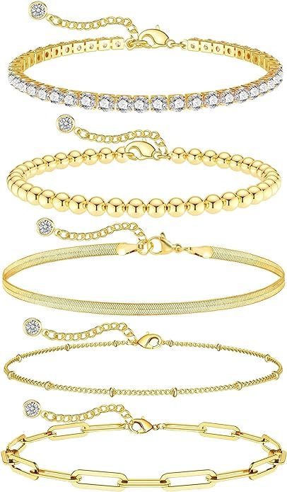 14K Gold Chain Bracelets Set for Women Girls, Dainty Gold Paperclip Link Bead Bracelet Stackable ... | Amazon (US)