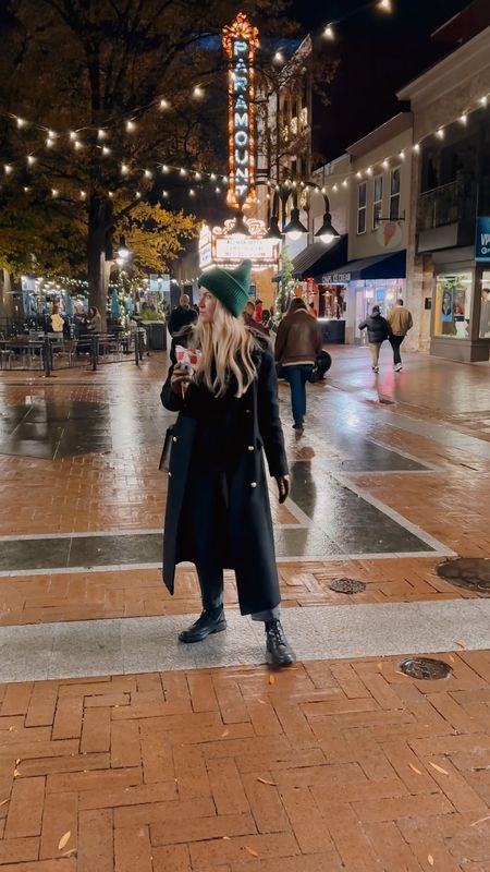 Long black coat w gold buttons: wearing a small
Oversized green slouchy beanie
Straight leg black denim: runs tts
Black combat boots: runs tts
Men’s knit crew neck sweater: wearing a med 

#LTKSeasonal #LTKstyletip #LTKfindsunder100