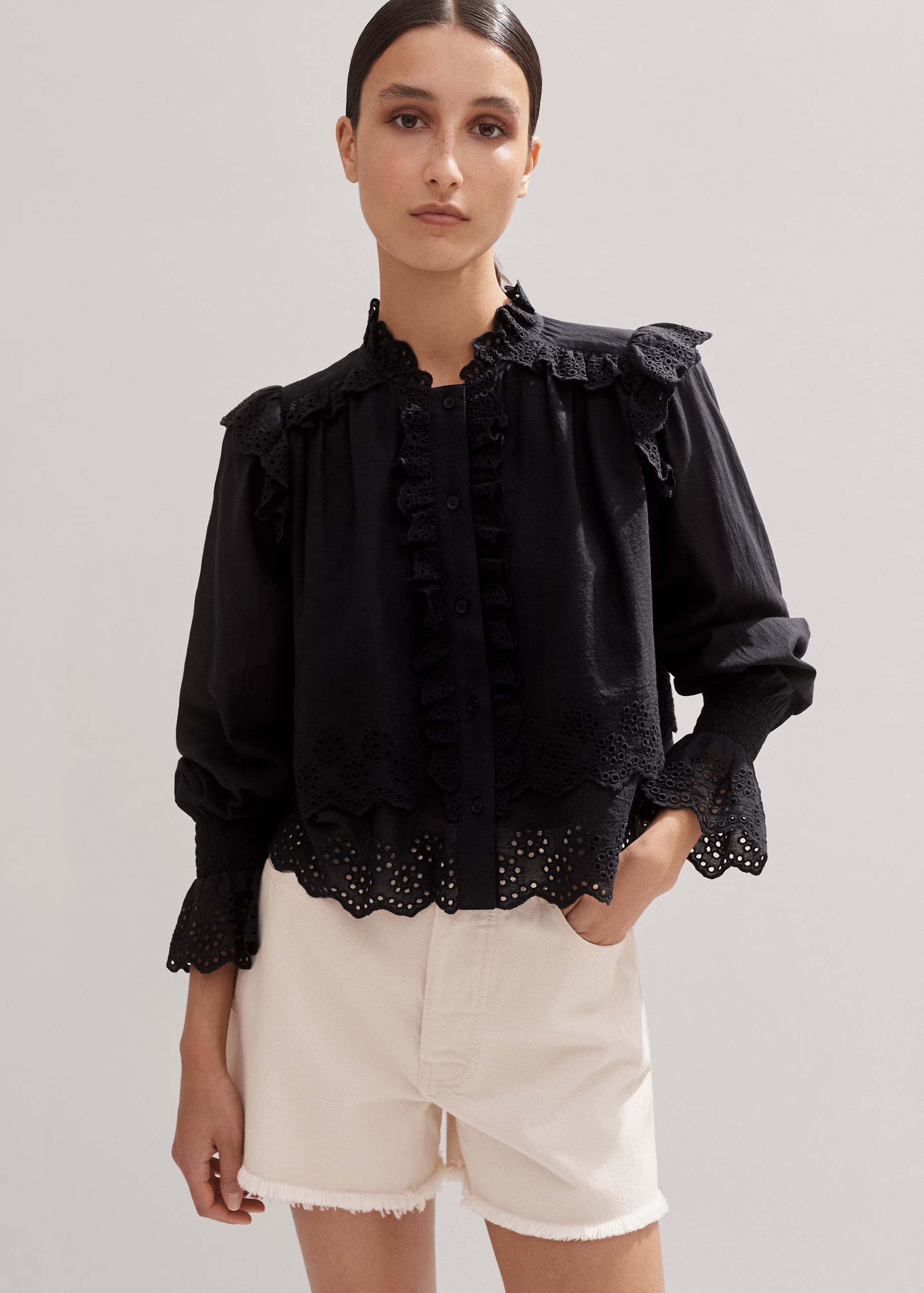 Women's Black Cotton Broderie Ruffle Cropped Top | ME+EM | ME+EM US