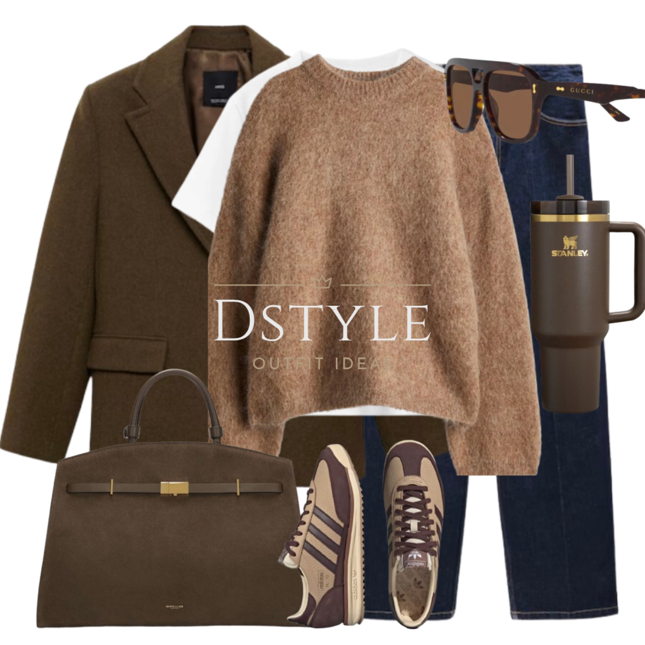  Khaki wool blazer/ jacket, white t-shirt, dark beige oversized mohair-blend sweater, high-waist wideleg jeans, mocha suede bag, Adidas SL72 sneakers/ trainers, Stanley chocolate gold cup.
Neutral outfit, winter outfit, spring outfit, trending now, neutral tones

 

#LTKShoeCrush #LTKItBag #LTKWorkwear
