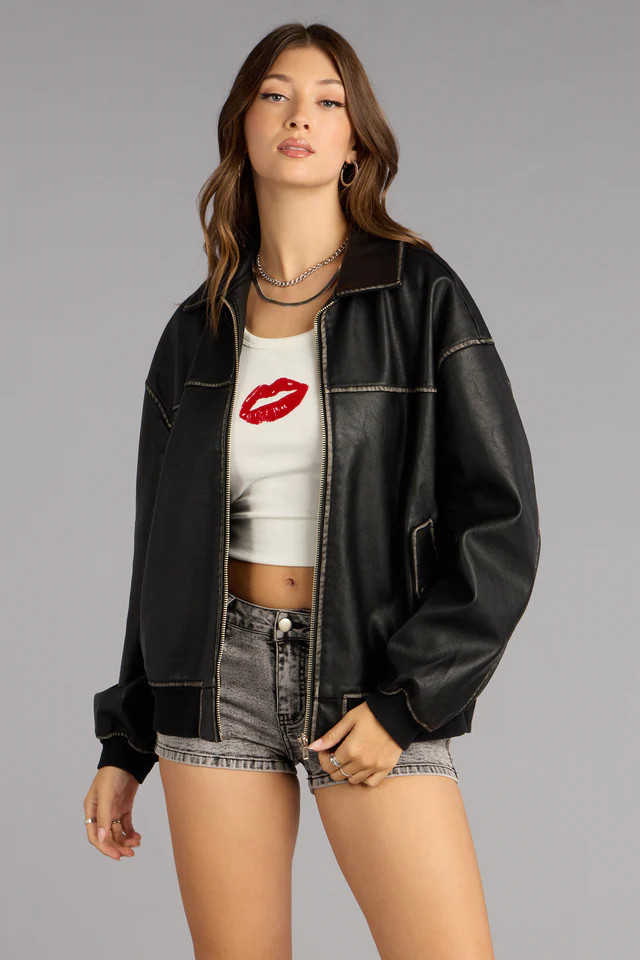 Vintage Chic Faux Leather Oversized Bomber Jacket | Windsor Stores