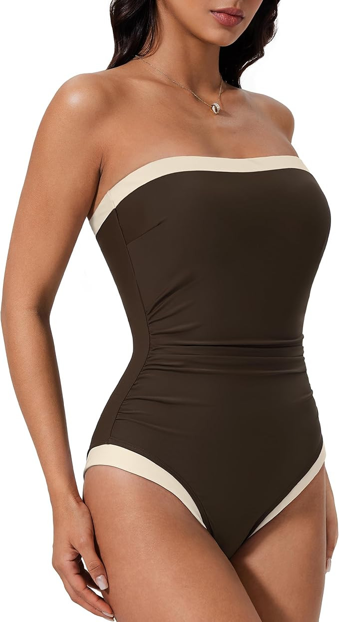 SUUKSESS Women One Piece Tummy Control Swimsuit Strapless Bandeau Bathing Suit | Amazon (US)