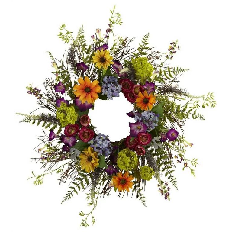 Nearly Natural 24" Spring Garden Artificial Flower Wreath with Twig Base, Multicolor | Walmart (US)