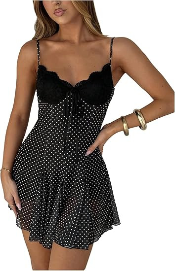 GORGLITTER Women's Y2k Polka Dots Mini Dress Lace Mesh Bow Tie Front V Neck A Line Coquette Dress... | Amazon (US)
