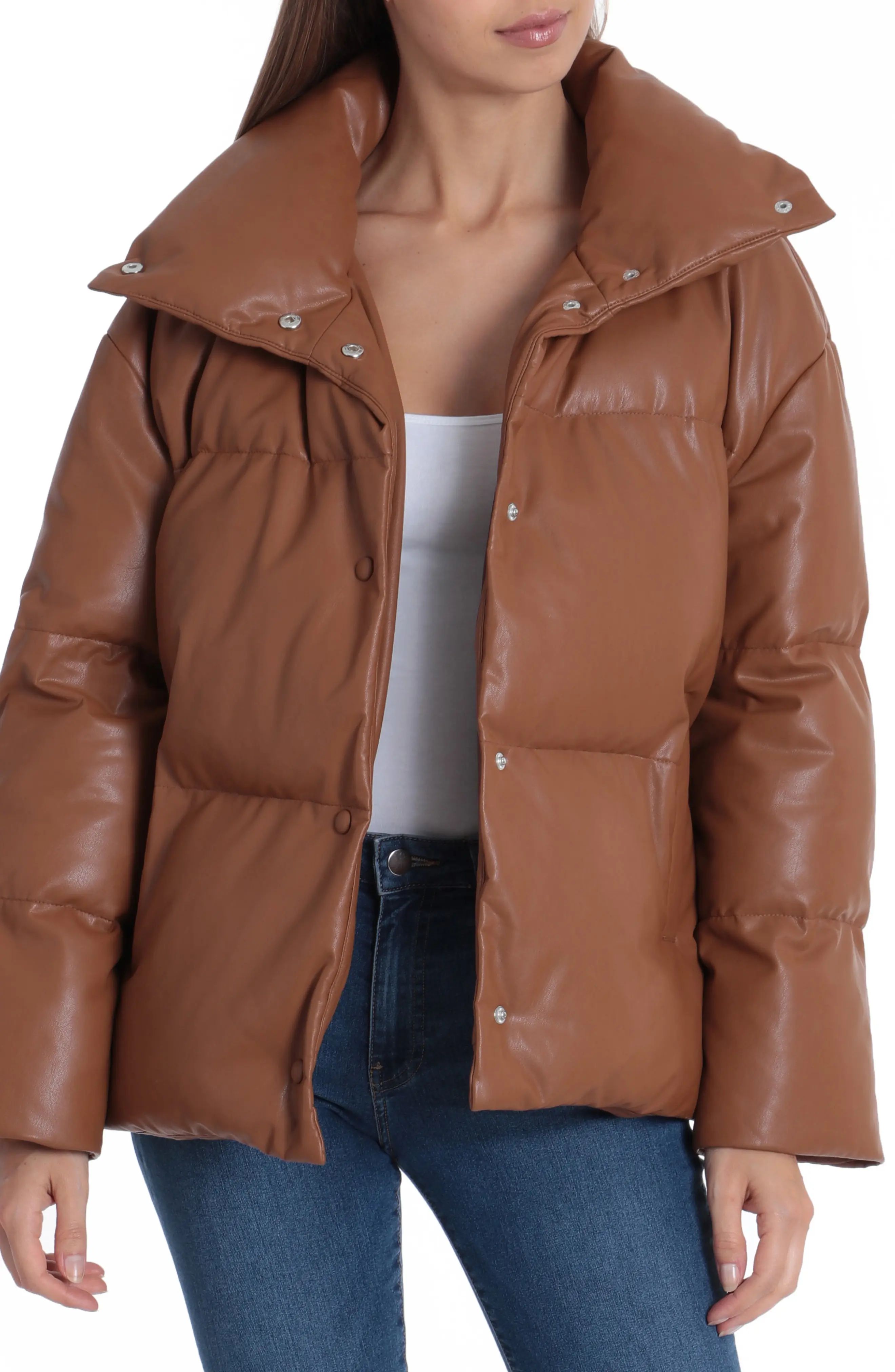 Women's Bagatelle Faux Leather Puffer Jacket, Size Medium - Brown | Nordstrom