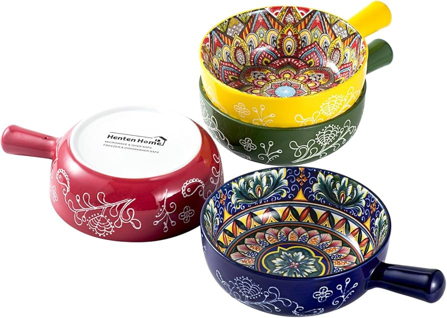 Henten Home 18 oz Soup Bowls with Handle, Porcelain French Onion Soup Bowl Set of 4, Ceramic Colo... | Amazon (US)