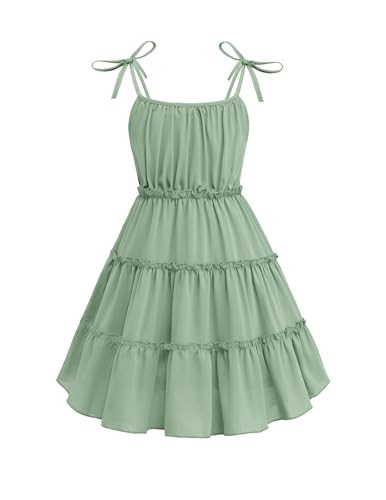 Amazon.com: Arshiner Girls' Summer Sundress Light Green Boho Spaghetti Strap Ruffled Tiered Midi ... | Amazon (US)
