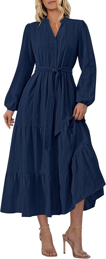 PRETTYGARDEN Womens V Neck Long Sleeve Maxi Dresses 2026 Spring Casual Button A Line Flowy Formal... | Amazon (US)