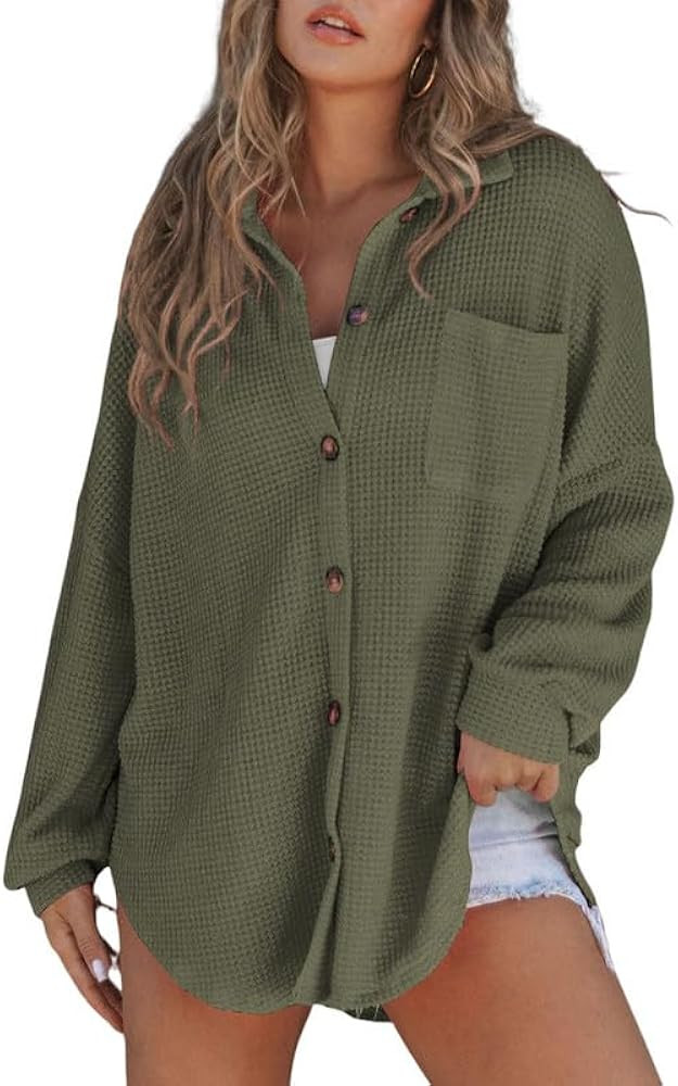 SHEWIN Women's Waffle Knit Button Down Shirts Casual Long Sleeve Shacket Jacket Boyfriend Tops Bl... | Amazon (US)
