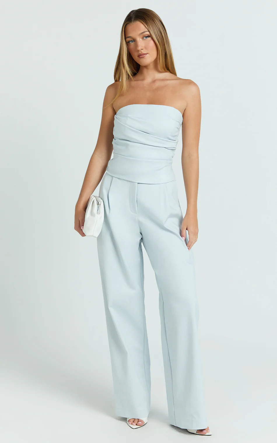 Ella Two Piece Set - Ruched Strapless Top and Tailored Pants in Blue | Showpo (ANZ)
