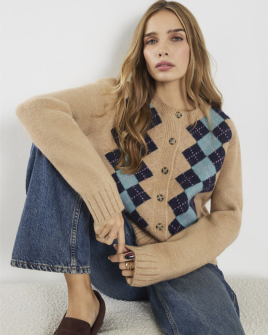 Brown Argyle Knit Cardigan | River Island UK & IE
