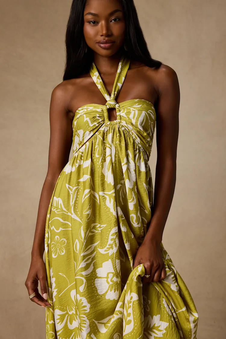 Anessa Chartreuse Floral Halter Maxi Dress | Lulus