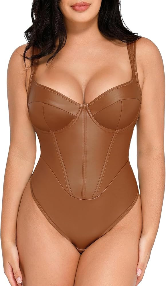 Popilush Leather Corset Bodysuit for Women Tummy Control V Neck Thong Shapewear Sleeveless Body S... | Amazon (US)