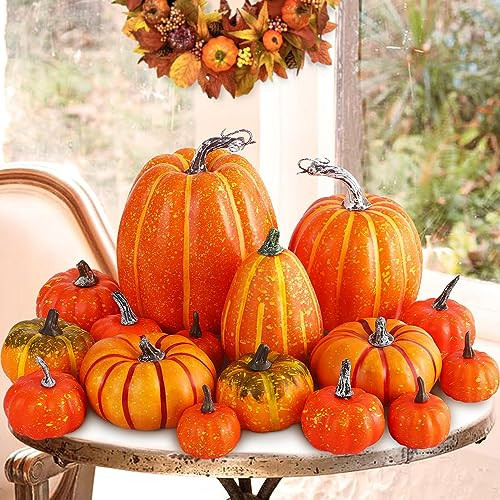 Ywlake 16 Pcs Pumpkin Fall Decorations, Decorative Large Small Outdoor Orange Foam Plastic Fake Faux Artificial Pumpkins for Halloween Autumn Harvest Festival Home Table Decor | Amazon (US)