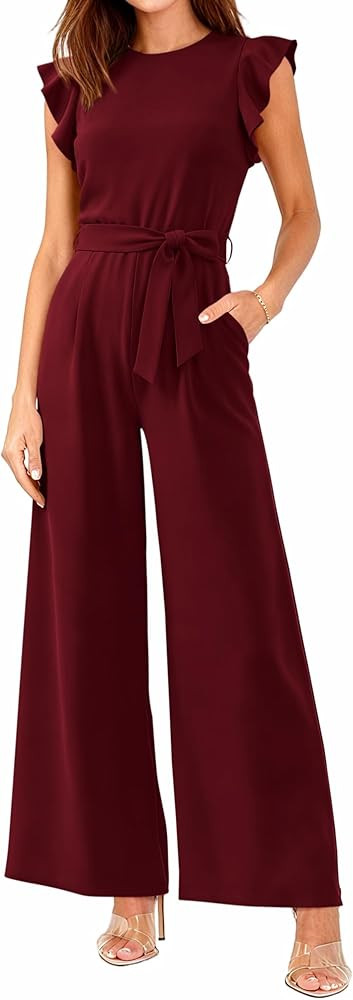 BTFBM Jumpsuits For Women 2026 Crew Neck Dressy Cap Sleeve Belted High Waist Wide Leg Romper One ... | Amazon (US)