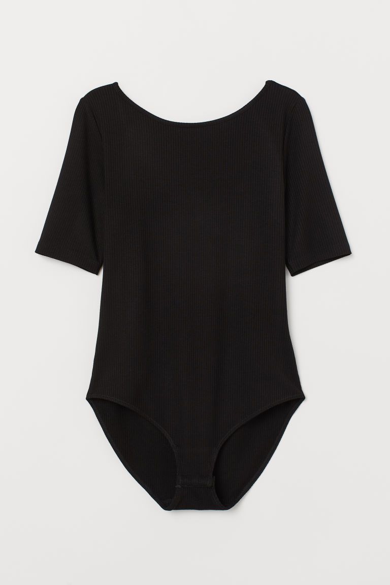 Bodysuit in ribbed stretch viscose jersey. Low-cut back, short sleeves, and lined gusset with sna... | H&M (US)