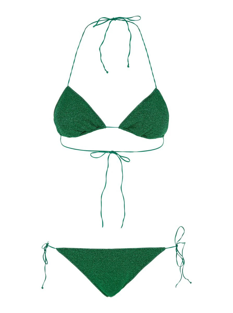 'Lumiere' Green Bikini With Triangular Top And Tie Closure In Tech Fabric Woman | Baltini