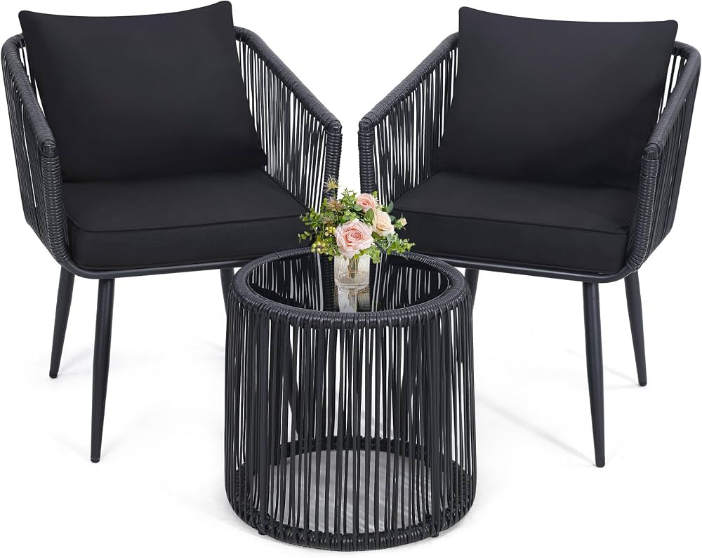 Kromax 3 Piece Patio Rattan Bistro Conversation Set, Outdoor All Weather Wicker Furniture Chairs ... | Amazon (US)