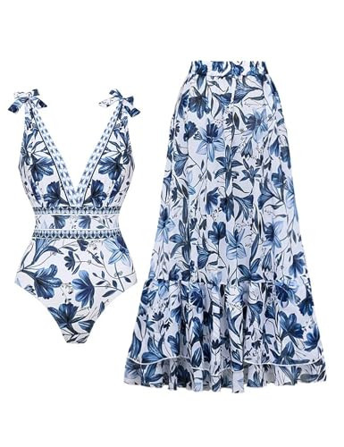 FLAXMAKER Blue and White V Neck Lace Up Strip Plant Prints One Piece Swimsuit and Skirt/Sarong(Swimsuit and Skirt,Blue,L) | Amazon (US)