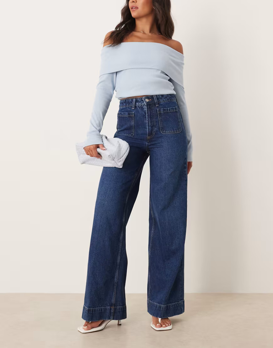 ASOS DESIGN high waist wide leg jeans with front pockets in dark wash-Blue | ASOS (Global)
