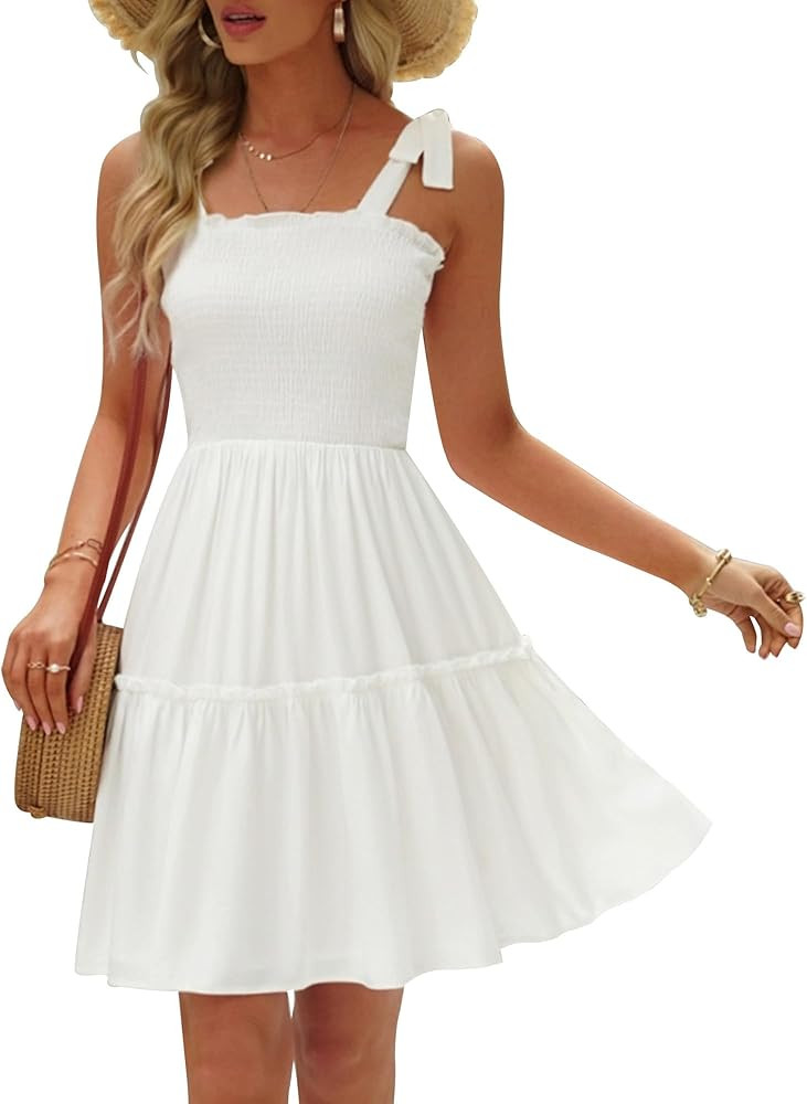 Womens Summer Casual Dresses Spaghetti Strap Smocked Mini Dress | Amazon (US)