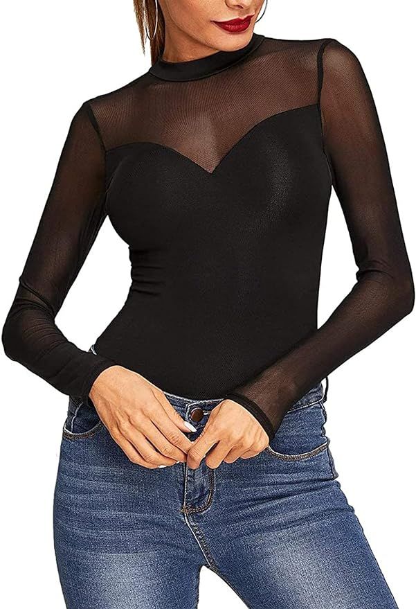 GORGLITTER Women's Sheer Long Sleeve Tops Mock Neck Mesh See Though Solid Tee T Shirt | Amazon (US)