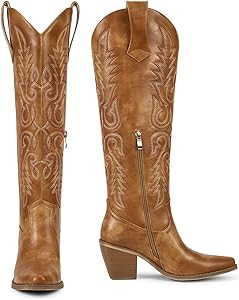 wetkiss Womens Tall Cowboy Boots Side Zipper Ladies Cowgirl Knee High Boots,Comfortable Retro Vin... | Amazon (US)