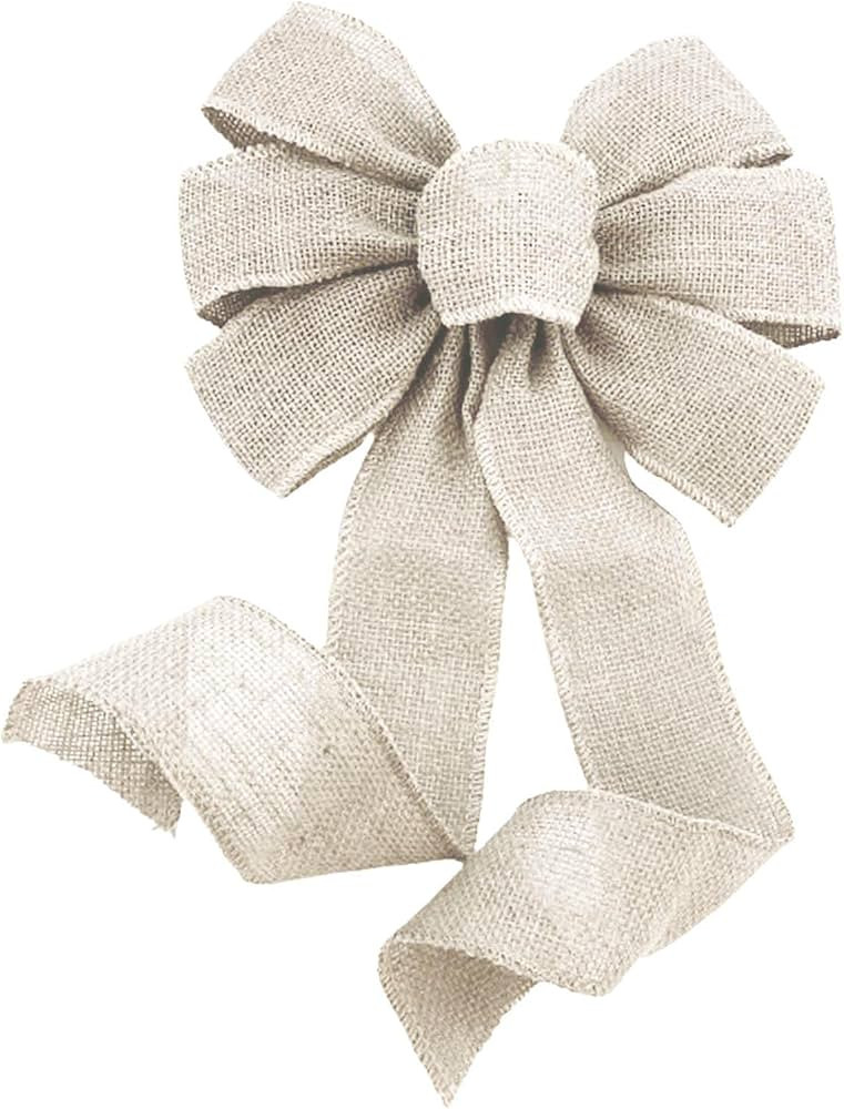 Beige Burlap Ribbon Wreath Bow - 10" Wide, 18" Long Tails, Ivory, Fall Decor, Thanksgiving, Chris... | Amazon (US)