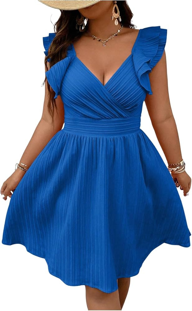 Floerns Women's Plus Size Wrap Front Sweetheart Neck Ruffle Cap Sleeve A Line Dress | Amazon (US)