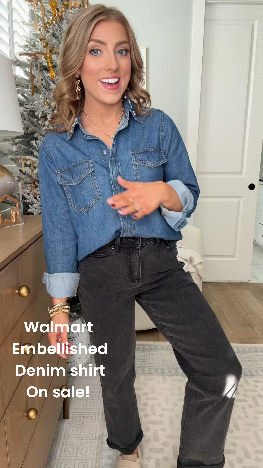 This Walmart denim shirt is SUCH a standout 🤍
I’m obsessed with this gorgeous embellished collar denim shirt, and it’s currently on sale for just $19 🙌 The pearl + rhinestone detailing instantly elevates a classic denim button-down and makes it feel so chic and boutique-inspired—without the boutique price tag.

I styled it as a full head-to-toe Walmart fashion look, and it’s perfect for everyday wear, casual dinners, school drop-off, or even dressed up with boots and statement jewelry. The fit is comfortable, easy to tuck or wear loose, and the embellishment adds just the right amount of sparkle ✨

If you love Walmart fashion finds, affordable elevated basics, and pieces that look way more expensive than they are, this one is a must-have 🤍
👉 Everything is linked in LTK!

#WalmartFashion #WalmartFinds #WalmartStyle #AffordableFashion #DenimShirt #EmbellishedTop #Under20Finds #BudgetStyle #EverydayOutfit #CasualChic #MomStyle #LTKFinds #LTKUnder20 #WalmartOutfit