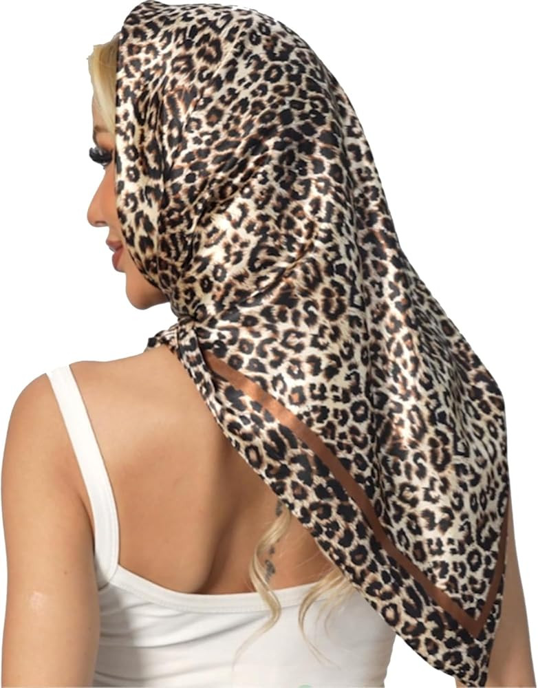 35" x 35" Leopard Print Square Scarf for Women Satin Hair Scarf Silk Like Neck Scarfs | Amazon (US)