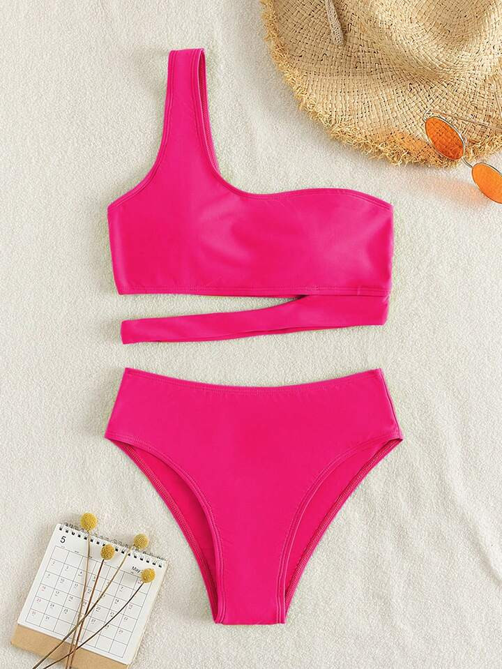 SHEIN Swim Vcay Solid Bikini Set Cut-out One Shoulder Top & Bikini Bottom 2 Piece Bathing Suit | SHEIN