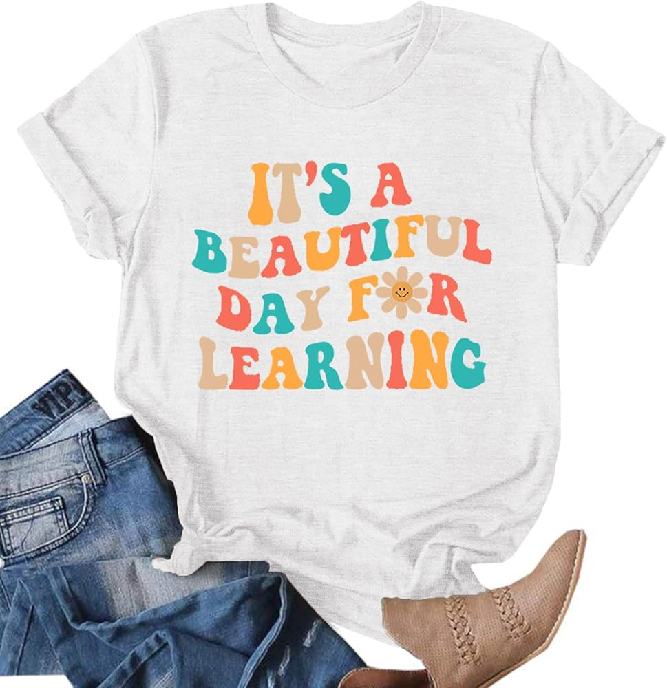 Teacher Shirts for Women It’s a Beautiful Day for Learning T-Shirt Short Sleeve Book Lovers Let... | Amazon (US)