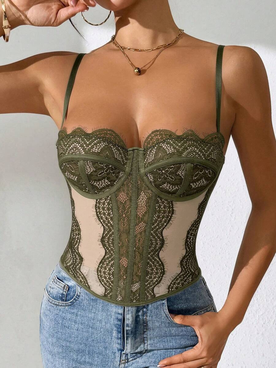 NEWOlive Green Lace Eyelash Sheer Mesh Camisole Top - Elegant & Charming, Perfect For Date Night,... | SHEIN