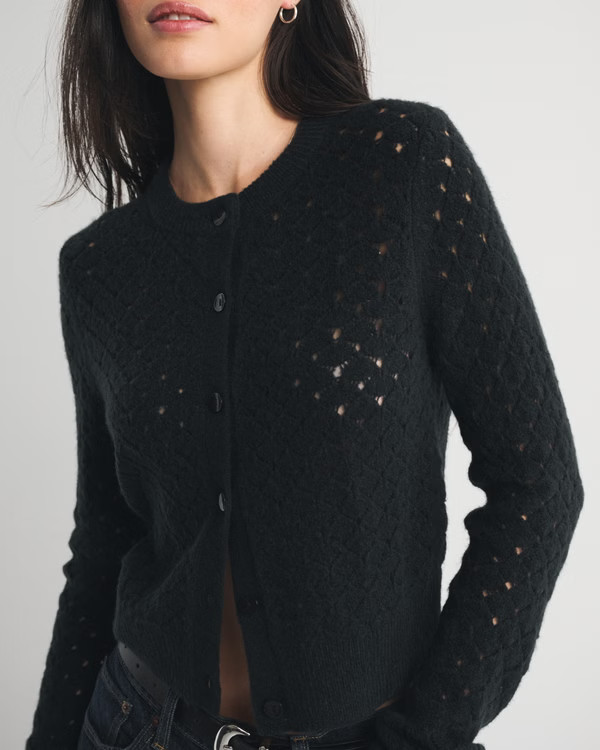 Shrunken Pointelle Crew Cardigan | Abercrombie & Fitch (US)