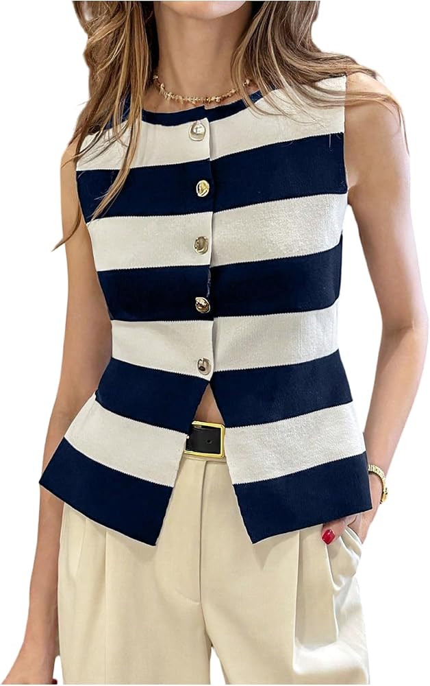 GORGLITTER Women's Striped Sleeveless Sweater Vest Metallic Button Down Dressy Knit Cardigan Top ... | Amazon (US)