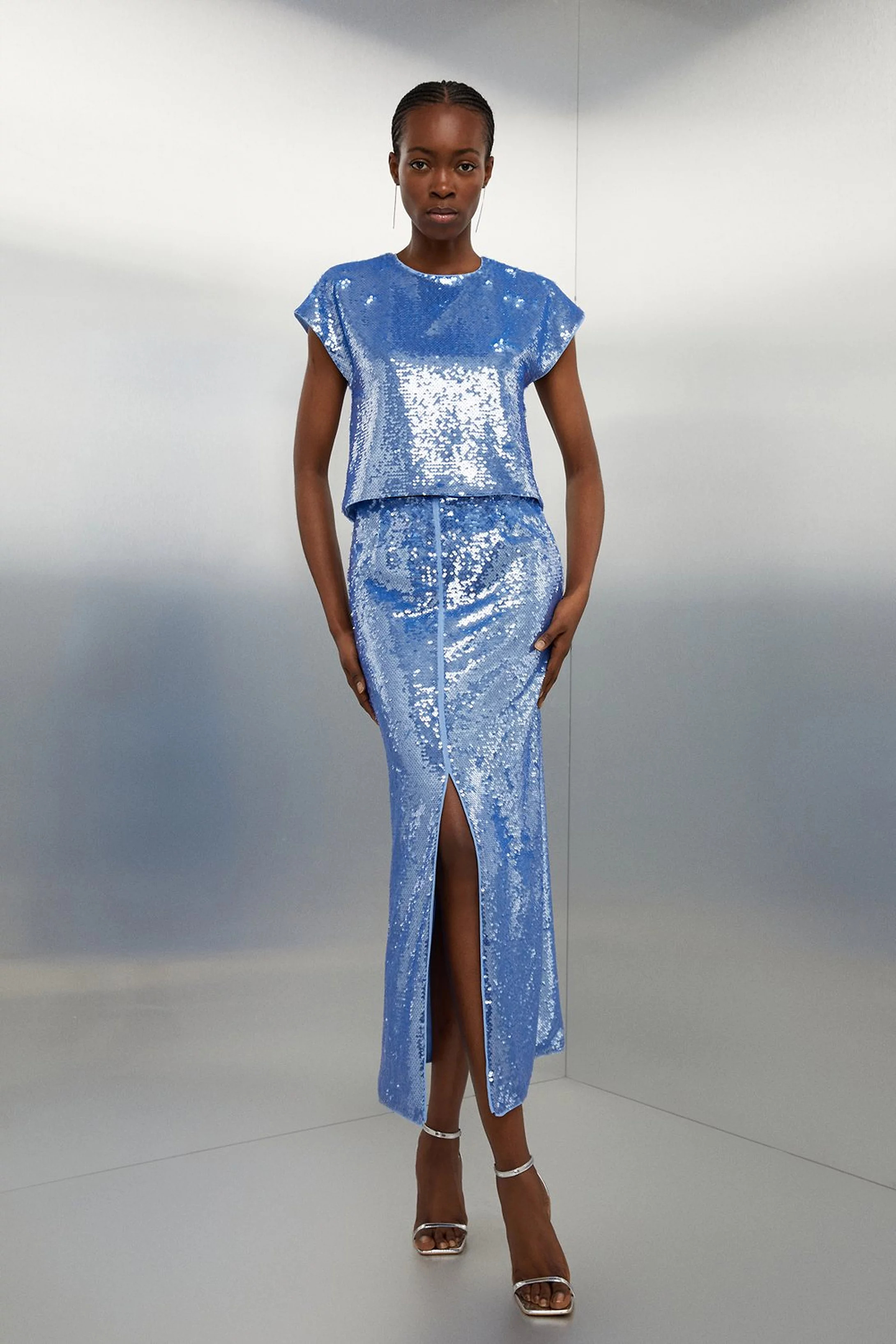 Blue Sequin Front Split Woven Midi Skirt | Karen Millen US