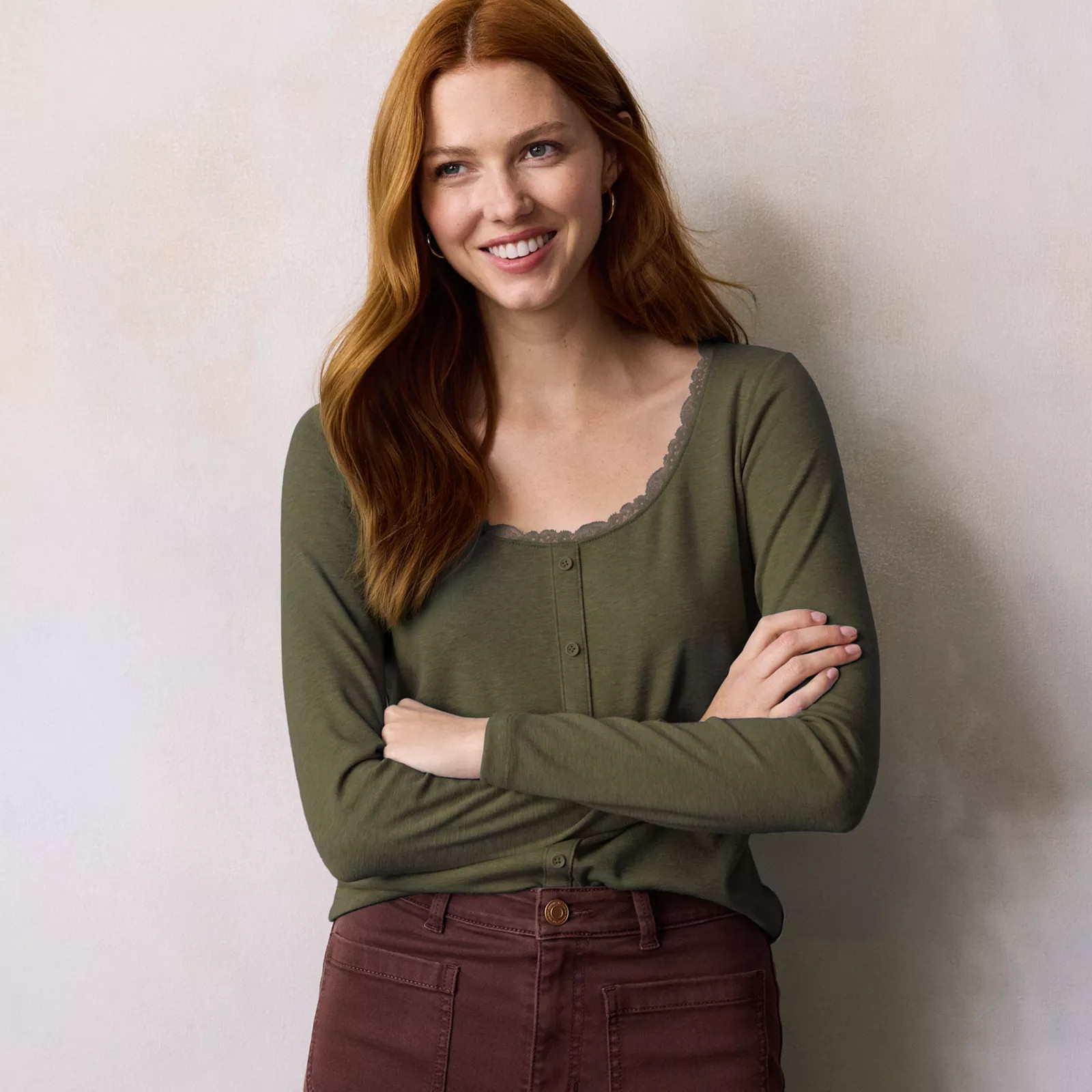 Women's LC Lauren Conrad Scoop Neck Button-Front Long Sleeve Top, Size: Large, Light Fudge Grey | Kohl's