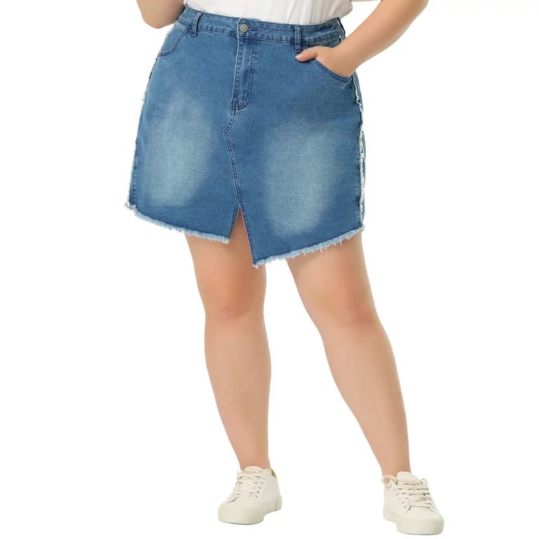 MODA NOVA Juniors Plus Size Slit Fashion Mini Denim Skirt with Pockets Blue 3X | Walmart (US)
