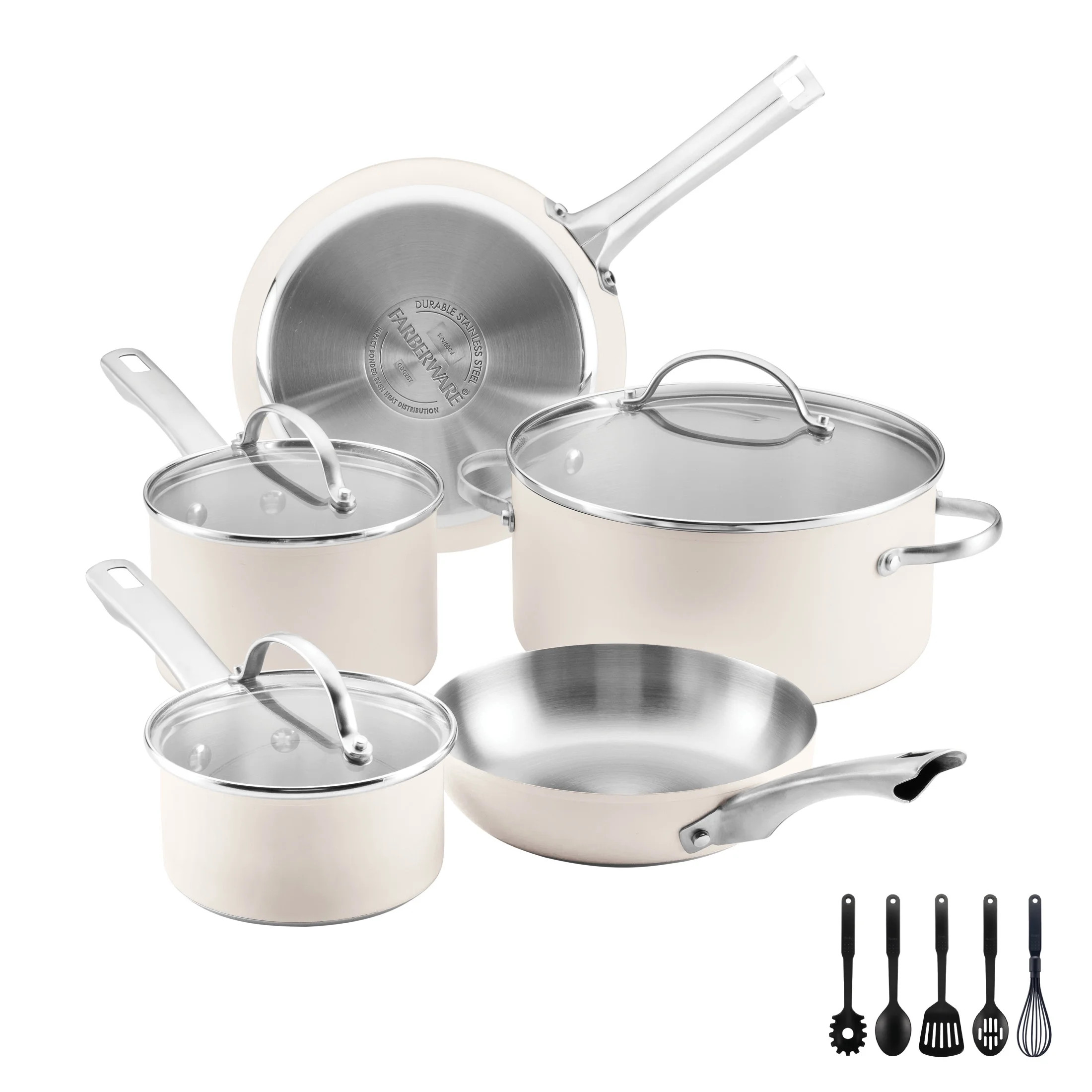 Farberware Luster 14 Pcs Stainless Steel Cookware Set with Cooking Tools, Induction Compatible, D... | Walmart (US)