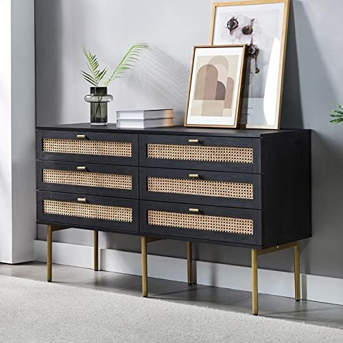 HULALA HOME Dresser for Bedroom with 6 Drawers, Wood Chest of Rattan Decorated Drawers, Boho Mid ... | Amazon (US)