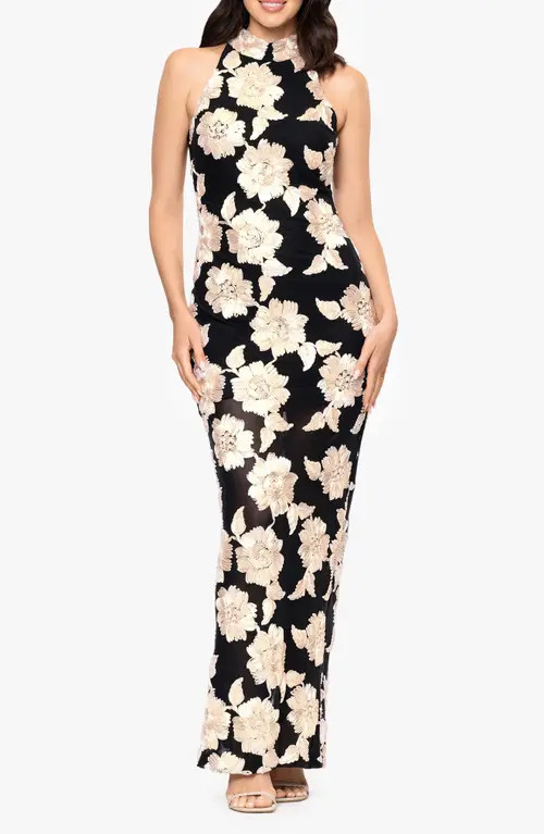 Betsy & Adam Floral Soutache Sheath Gown in Black/Champagne at Nordstrom, Size 4 | Nordstrom