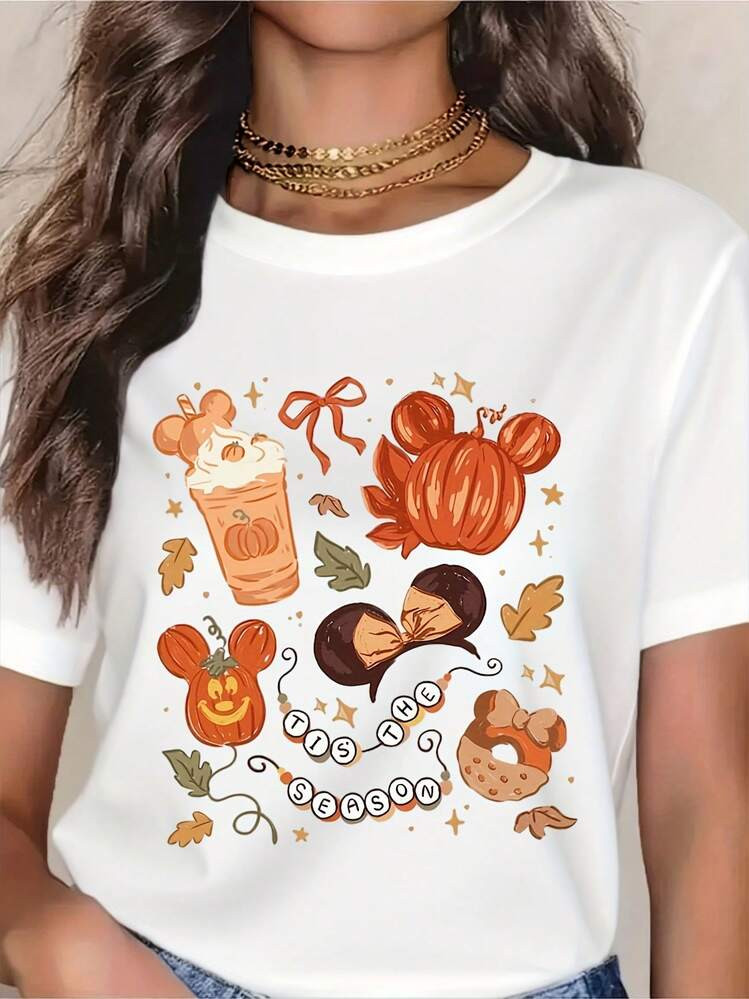 Disney Cute Mickey Mouse Pumpkin Spice Halloween T-Shirt For Women - Autumn Fall Theme With Pumpk... | SHEIN