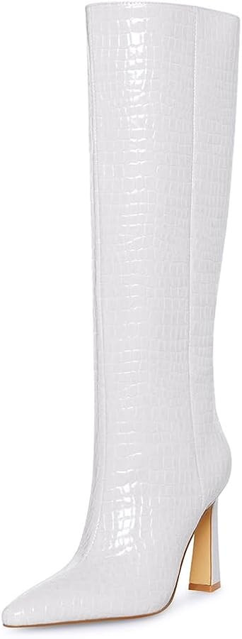 Adrizzlein Women Knee High Boots Pointed Toe Side Zipper Chunky Spool Heel Boot | Amazon (US)