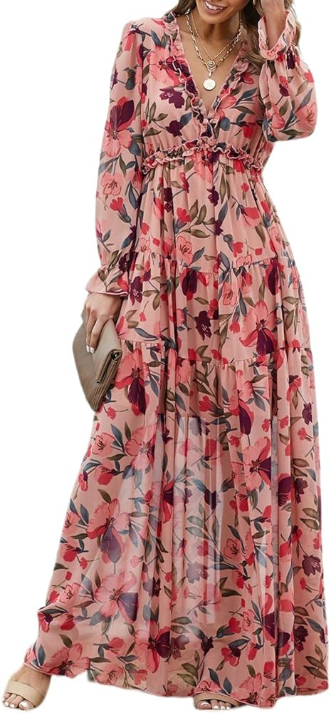 Women's 2023 Floral Summer Ruffle Sleeve Dress Wrap V Neck Long Sleeve Maxi Dresses | Amazon (US)