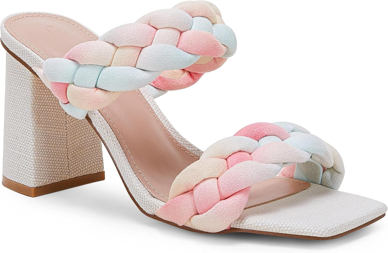 Womens Braided Heeled Sandals Backless Square Open Toe Block Strappy Slip On Slide Shoes | Amazon (US)