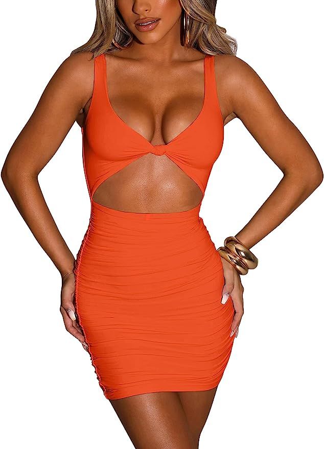 Kaximil Women's Sexy Bodycon Sleeveless Cut Out Ruched Tank Mini Club Party Dresses | Amazon (US)